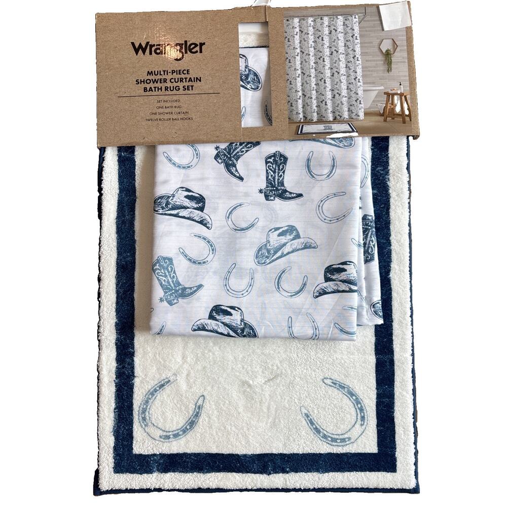 Wrangler Blue Hat & Boots Shower Curtain and Bath Mat Set Cowboy Western Cowgirl